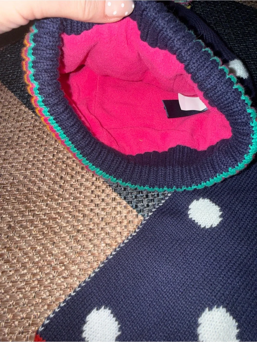 Tommy Hilfiger Navy Polka Dot Beanie and Scarf Set with Rainbow Trim